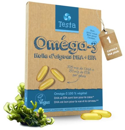 Omega 3 Vegan - Huile d'Algue haute concentration - 325mg DHA + 150mg EPA par capsule - Bénéfique pour le Cœur, le Cerveau et les Yeux - 100% Végétal - 60 capsules (2 Mois)