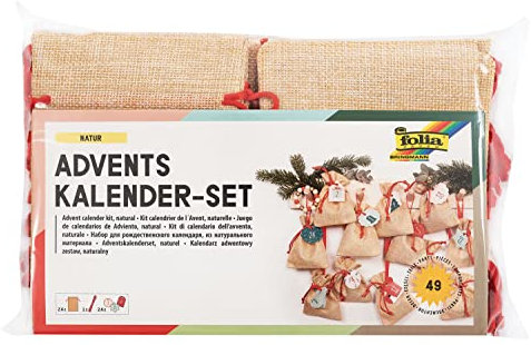 folia 63121 - Adventskalender Set mit Säckchen in Jute-Optik, Schnur 2 m lang, 24 Beutel je 10 x 13 cm groß und 24 Zahlenanhängern, für kleine Überraschungen im Advent