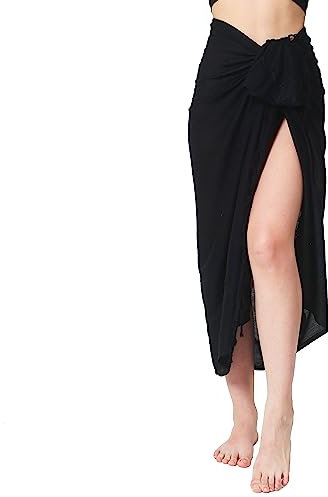 Premium Sarong Pareo Wickelrock Strandtuch Lunghi Dhoti Schlicht Blickdicht Einfarbig Uni Tolle Stickerei Schwarz PEB