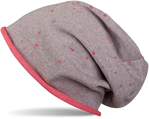 styleBREAKER Unisex Stoff Beanie Mütze mit Vintage Löcher und Rollrand im Destroyed Used Look, Longbeanie 04024052, Farbe:Grau-Koralle