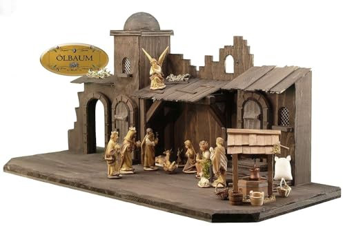 ÖLBAUM-Krippe KO70at-MFHO-BRK- Große, XXL 70 cm, Weihnachtskrippe, mit Holz-Brunnen + Dekor, Massivholz edel SCHWARZ Orient - mit Premium-Krippenfiguren in Holzfiguren - Optik, mit Engel