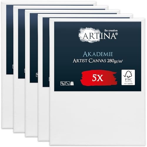 Artina Keilrahmen 30x40cm FSC® 5er Set Leinwand zum Bemalen Acrylfarben | Canvas 5er Set Leinwände Baumwolle grundiert Künstlerbedarf Acryl Ölfarbe Aquarell Malen bespannt Malleinwand Weiß Akademie