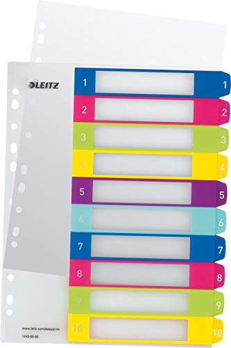 Leitz Register für A4, 10er Pack, PC-beschriftbares Deckblatt und 10 Trennblätter, Taben mit Zahlenaufdruck 1-10, Überbreite, Mehrfarbig, Polypropylen, WOW, 12430000