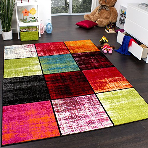 Paco Home Teppich Kinderzimmer Karo Kinderteppich Mehrfarbig Meliert Rot Pink Grün Blau, Grösse:80x150 cm
