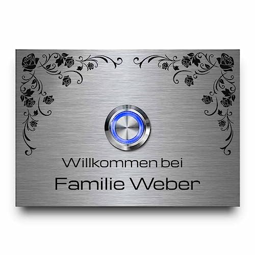 Edelstahl Klingel für die Haustür | Türklingel mit Namen und Gravur Text - Klingelschild Modell Weber ab 10x7 cm - mit Premium LED Klingeldrückern und optionaler Dekorplatte | Große Auswahl an Motiven
