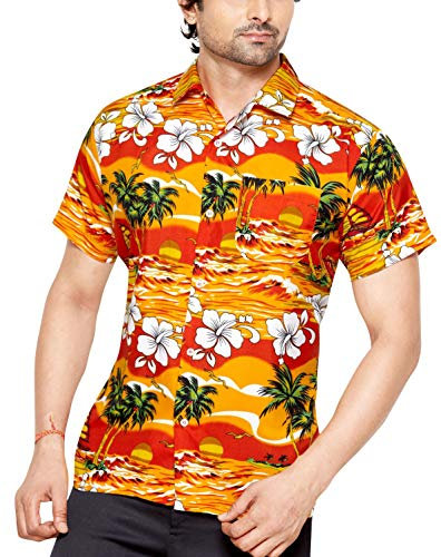 CLUB CUBANA Men's Slim Fit Classic Short Sleeve Casual Floral Hawaiian Shirt XXL Orange