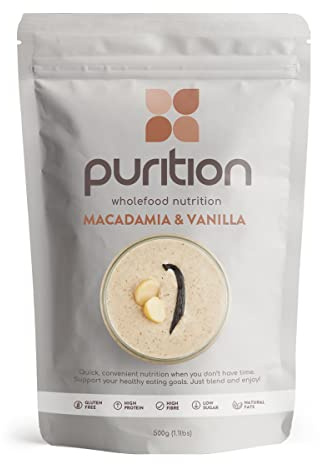 Purition Macadamia & Vanilla - Natural, Gluten Free, High Protein, Low Sugar, Keto, Vegetarian, Meal Replacement Shake for Healthy Weight Management, 500g, 12 Servings