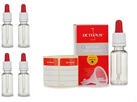 5 x 20 ml Pipettenflaschen (PET) mit Glaspipette, Plastikflaschen mit Tropfpipette zur Dosierung von Flüssigkeiten, Augentropfen, E-Liquids, Aromen, Kunststoffflaschen transparent, inkl. Etiketten | Leichte Dosierflaschen mit Etiketten, für Tinten, Farben, E-Liquids, Aroma-Öle, Kosmetik und Klebstoffe