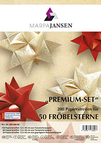 MarpaJansen Fröbelsterne Premium-Set (200 Streifen, 1 x 30 cm & 1,5 x 45 cm), Naturpapier, farblich passend zu Weihnachten