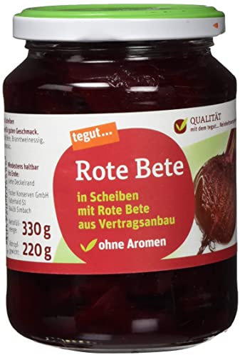 tegut... Rote Bete Scheiben im Glas, fein-würzigen aromatischen Geschmack, wiederverschließbar, 330g (Abtropfgewicht - 220g)