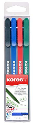 Kores - K-Liner: Farbige Fineliner, 0,4 mm Fine Point Stifte zum Schreiben, Skizzieren und Zeichnen, metallgefasste Spitze, dreieckige ergonomische Form, Schul- und Bürobedarf, 4er-Pack