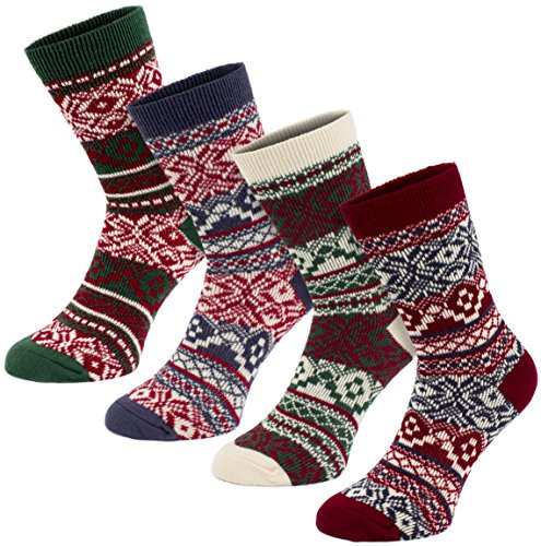 BRUBAKER 4er Pack Damen Norweger Socken - Warme dicke Wintersocken - 4 Paar Kuschelsocken Thermosocken für Winter und kalte Tage - Gemütlich und Atmungsaktiv - 39-42 - Rot Farbmix