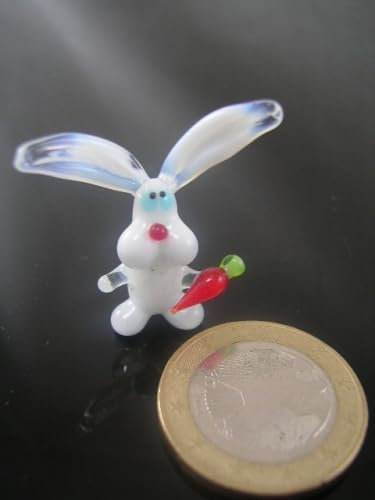 Weißes Kaninchen mit Möhre Mini - Hase mit Möhrchen Weiß Rot - Miniatur Figur aus Glas - Glastier Glasfigur Deko Osterdekoration Frühlingsdekoration Setzkasten Vitrine Osterhase