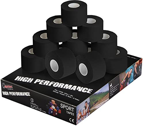 ALPIDEX 12 Rollen Sport Tape Set 3,8 cm x 10 m Gelenk Tapeverband Viele Farben Reißbares Unelastisches Sporttape Hautfreundlich Handball Fußball Volleyball, Farbe:schwarz