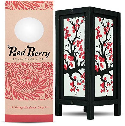 RED BERRY THAILAND LANNA LAMP Japanese Sakura/Cherry Blossom LAMP - Handmade Wood Table Lamp with Mulberry Paper Shade - Vintage Indoor Decor, 5 x 5 x 11 inches, 0.75 pounds