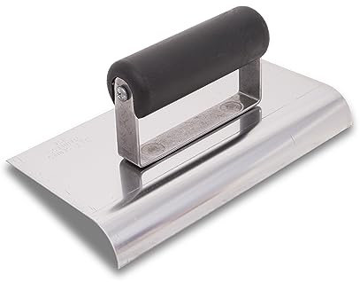 Truelle de bord de maréchalerie en acier inoxydable avec manche en plastique, permet d'arrondir le béton, rayon : 13 mm, lèvre : 16 mm, dimensions : 229x64 mm.