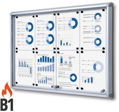 Schaukasten Schiebetür 8x A4 Innen | ESG Sicherheitsglas, B1 Brandschutz, Sicherheitsecken | silber, magnetische Rückwand, abschließbar | für Schule, Kita, Behörde, Wand-Montage, Schiebetüren