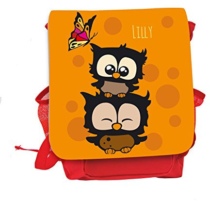 ilka parey wandtattoo-welt Kinderrucksack Kindergartentasche Eulen Schmetterling und Wunschname Name orange braun gepunktet kgn28