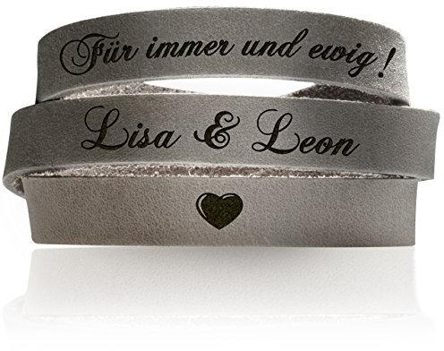 schenkYOU® Wickelarmband mit Gravur gestalten - Echt Lederarmband FARBE TAUPE | GRAU mit Ihrem Wunschtext graviert - Partnerschmuck als individuelle Geschenkidee für Weihnachten