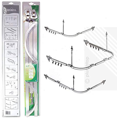 ECOSPA Angled Bathroom Shower Curtain Track Rail with Hooks for L SHAPE or U SHAPED Showers, Polished Aluminium