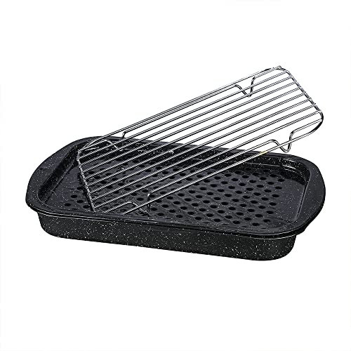 The Cookware Company Graniteware - Set de 3 pièces : Plat à four, plateau perforé et grille - Acier émaillé et inox, Black
