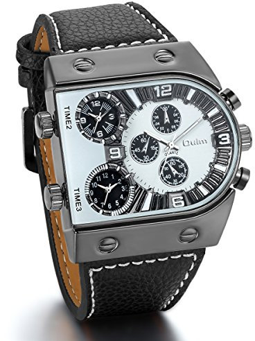 JewelryWe Herren Armbanduhr, 3 Zeitzone übergroße Militär Sportuhr Analog Quarz Uhr mit Schwarz Leder Armband & Weiss Zifferblatt
