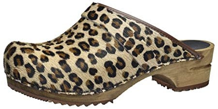 Sanita Caroline offener Clog | Original handgemacht | Leder-Holzclogs für Damen | Braun Leopard | 39 EU