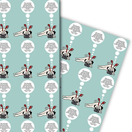 Designer Geschenkpapier Set (4 Bogen) Dekorpapier mit sinnierendem Weihnachts Mops und Spruch, hellblau, als Geschenkverpackung & Überraschung zu Nikolaus, Advent, Weihnachten 32 x 48cm