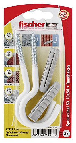 Fischer Spreizdübel SX 10 x 50 HN K SB-Karte, 2 x Rundhaken 7 x 105, nylonbeschichtet, weiß, 052181