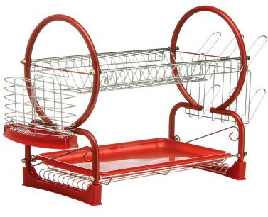 Premier Housewares - Escurridor de Platos (2 Pisos, Bandeja extraíble), Cromado y Color Rojo