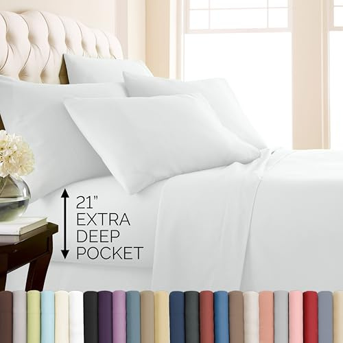 Southshore Fine Living, Inc. 21 Inch Extra Deep Pocket King Sheet Set, 6 Piece King Size Sheets Set, 100% Double Brushed Microfiber Pet Hair Resistant Bedding Wrinkle Resistant Oeko-TEX, White Sheets