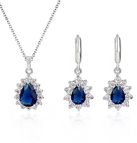 Crystalline Azuria Donna 18ct Placcato Oro Bianco Lacrima Zaffiro simulato Blu Cristalli di Zirconi Parure Collana con Ciondolo 45 cm Orecchini