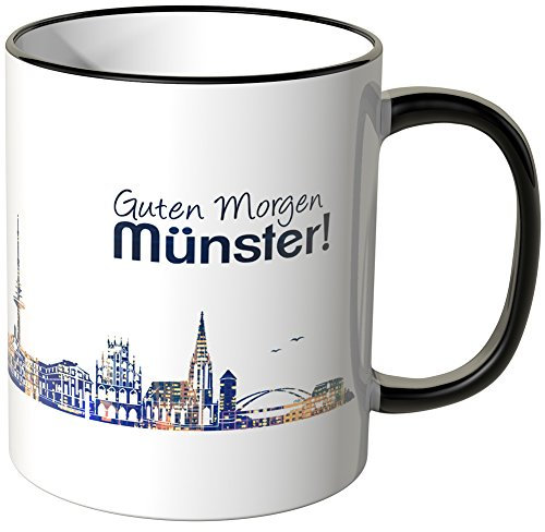 WANDKINGS® Tasse, Schriftzug Guten Morgen Münster! mit Skyline bei Nacht - SCHWARZ