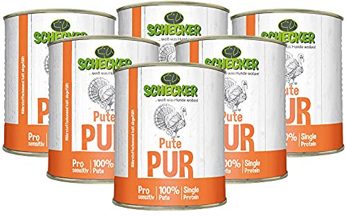 Schecker Nassfutter - getreidefrei - 100% Pute PUR - 6 x 820 g - hypoallergen - glutenfrei - Hundefutter - Single Protein