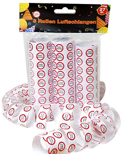 Udo Schmidt Luftschlangen-3 Rollen je 9 STK. -Verkehrszeichen rot/weiß-Zahl: Happy Birthday, Papier