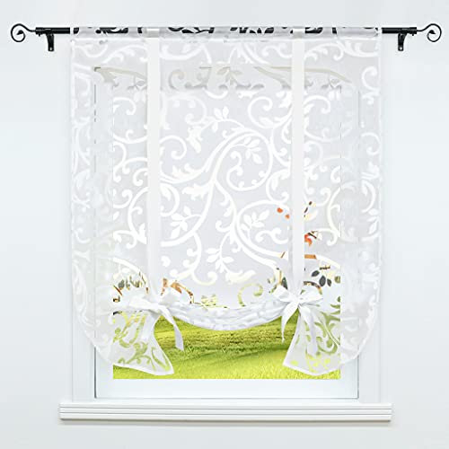 CORLIF Raffrollo mit Tunnelzug Gardinen Küche Ausbrenner Transparente Vorhänge Modern Kurze Fenster Vorhang mit Ranken Muster Weiß BxH 100x140cm 1 Stück