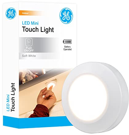 GE Round Mini Touch Light, Battery Operated, White, Push On/Off, Wireless, Emergency Lighting, Hurricane, Storm, Tornado, Under Cabinet, Closet, Attic, Nightstand, Nursery, Bathroom, Hallway, 55219