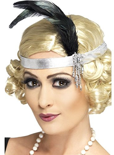 Smiffys Silbernes Charleston Seiden-Stirnband, mit schwarzer Feder und Juwel Halloween