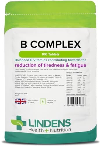 Lindens Vitamin B Complex, 100 Tablets - with 8 B Vitamins, B1,B2,B3,B5,B6,B7,B9,B12 - Reduce of Tiredness & Fatigue, Immune Support - UK Made, Vegan, GMP & Letterbox Friendly