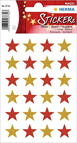 HERMA 3732 Aufkleber Sterne Glitzer Gold Rot klein, 24 Stück, Stern Sticker aus Folie, Weihnachtssticker Sternaufkleber für Weihnachten Geschenke Adventskalender Dekoration Kinder Belohnung Basteln