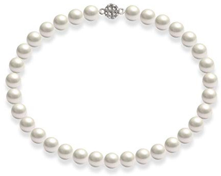 Schmuckwilli Perlenkette für Damen Magnetverschluß - 42cm Länge mit 12mm großen weißen runden Mallorca Perlen - Muschelkernperlen Kette für jeden Anlass - die Halskette Pearl Necklace für Frauen