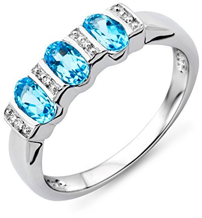 MIORE Ring Damen Weißgold 9 Karat / 375 Gold Blauer Topas mit Diamant Brillianten