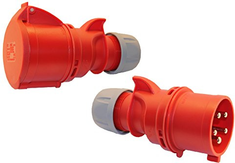 PCE CEE Kupplung und Stecker SET mit Phasenwender 16A 5-polig 6h 400V Starkstrom Stecker Kupplung mit Schraubkontakt Industrie (3Ph+N+PE) IP44 Für Außenbereich Rot