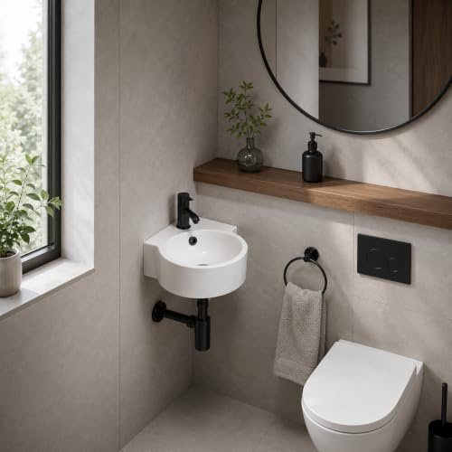 Eckwaschbecken Keramik Weiß 44,5 × 31 cm mit Nano-Beschichtung – platzsparendes Gäste-WC Waschbecken für Wand- oder Tischmontage