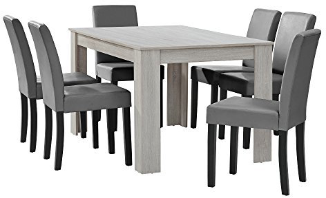 [en.casa] Esstisch Eiche weiß mit 6 Stühlen hellgrau Kunstleder gepolstert 140x90 Essgruppe Esszimmer