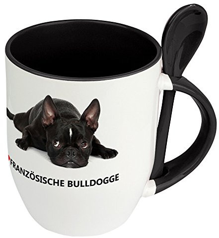 Hundetasse Französische Bulldogge - Keramik Löffel-Tasse mit Hundebild Französische Bulldogge - Becher, Kaffeetasse, Kaffeebecher, Mug - Schwarz