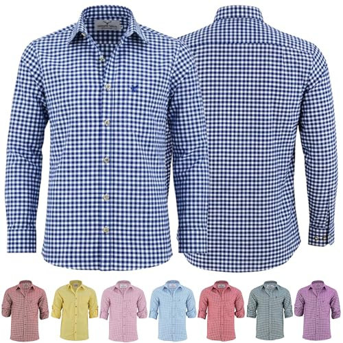 German Wear Trachtenhemden für Herren mit Langen Ärmeln, klassisches Karomuster, hochwertige bayerische Mode mit Hirsch-Stickerei und kardieten Ärmeln