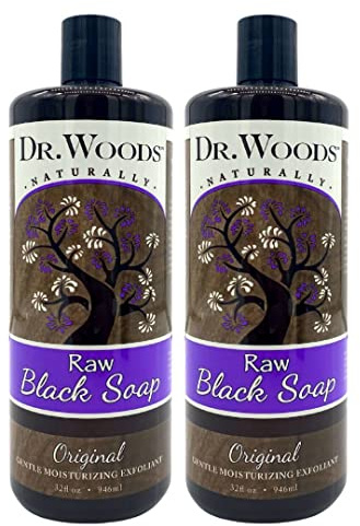 Dr. Woods Raw Liquid Black Soap, Body Wash for Men and Women, Gentle Exfoliant, Natural Cleanser for Face, Hands, and Body - 32 Fl Oz, Pack of 2