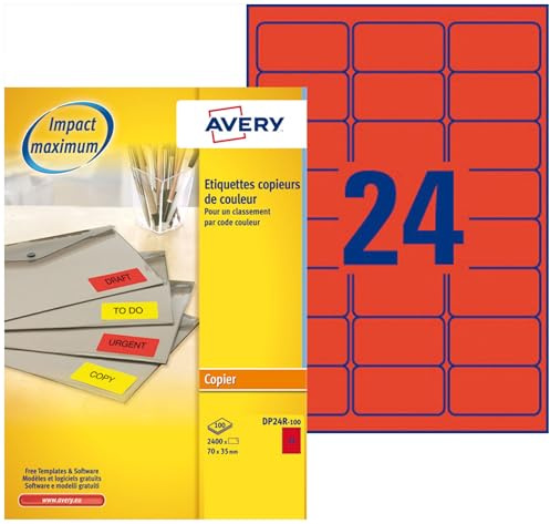 AVERY-DP24R 100-2400 Etiketten neon-rot multi usages. 70 x 35 mm, Druck für Kopierer