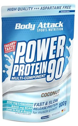 Body Attack POWER PROTEIN 90 - Coconut Cream - 500g Beutel - Mehrkomponenten Protein Pulver, Made in Germany - Mit BCAA, Vitaminen & L-Carnitin - Protein Shake extra cremiger Geschmack